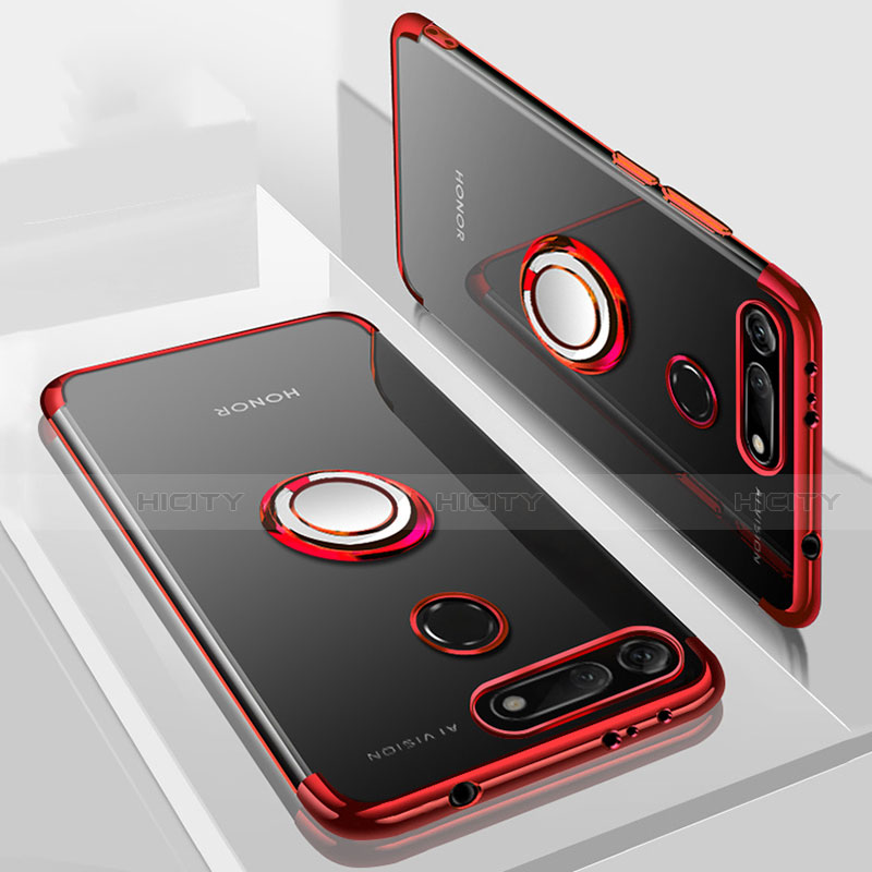 Funda Silicona Ultrafina Carcasa Transparente con Magnetico Anillo de dedo Soporte C03 para Huawei Honor View 20 Rojo