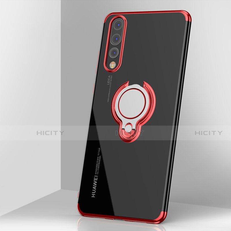 Funda Silicona Ultrafina Carcasa Transparente con Magnetico Anillo de dedo Soporte C03 para Huawei P20 Pro Rojo