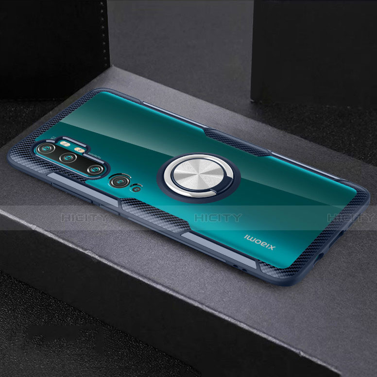 Funda Silicona Ultrafina Carcasa Transparente con Magnetico Anillo de dedo Soporte D01 para Xiaomi Mi Note 10 Azul
