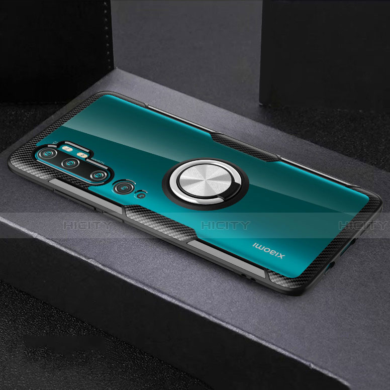 Funda Silicona Ultrafina Carcasa Transparente con Magnetico Anillo de dedo Soporte D01 para Xiaomi Mi Note 10 Pro Plata y Negro