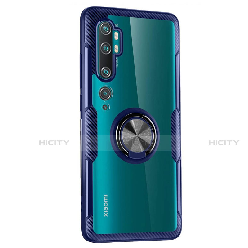 Funda Silicona Ultrafina Carcasa Transparente con Magnetico Anillo de dedo Soporte D02 para Xiaomi Mi Note 10 Azul
