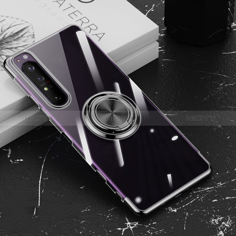 Funda Silicona Ultrafina Carcasa Transparente con Magnetico Anillo de dedo Soporte para Sony Xperia 1 III Negro