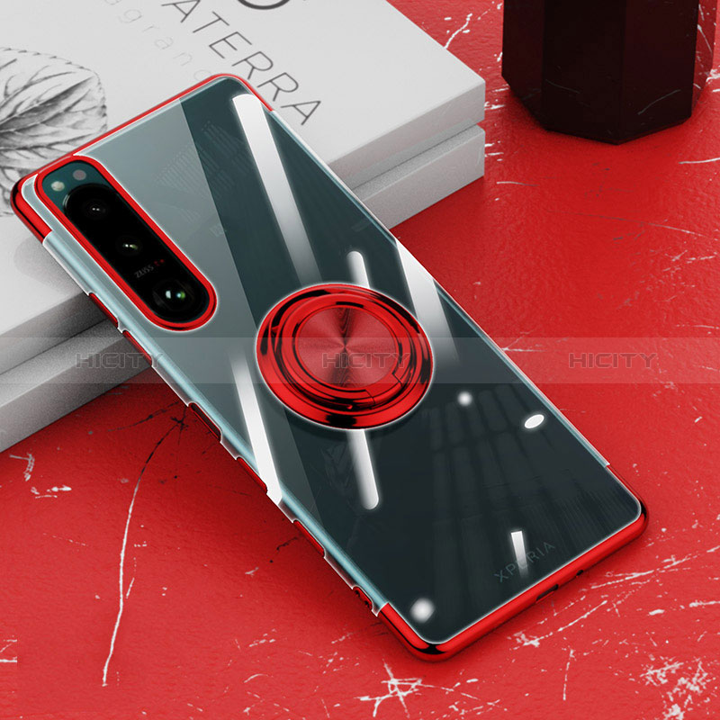 Funda Silicona Ultrafina Carcasa Transparente con Magnetico Anillo de dedo Soporte para Sony Xperia 5 III Rojo