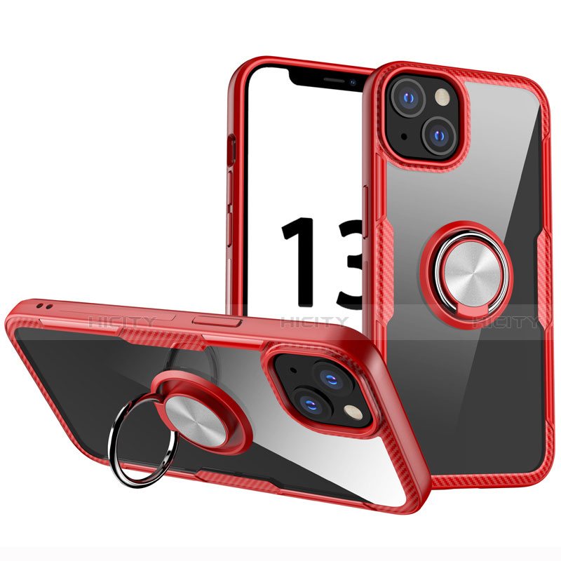Funda Silicona Ultrafina Carcasa Transparente con Magnetico Anillo de dedo Soporte S01 para Apple iPhone 13 Mini Rojo