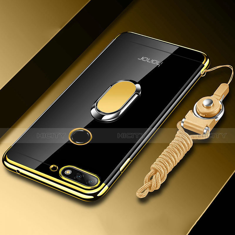 Funda Silicona Ultrafina Carcasa Transparente con Magnetico Anillo de dedo Soporte S01 para Huawei Honor 7A Oro
