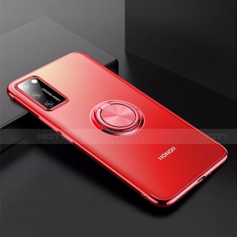 Funda Silicona Ultrafina Carcasa Transparente con Magnetico Anillo de dedo Soporte S01 para Huawei Honor View 30 Pro 5G Rojo