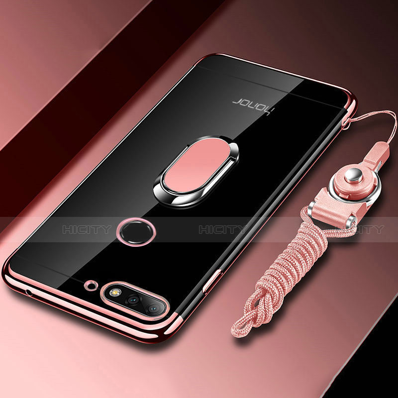 Funda Silicona Ultrafina Carcasa Transparente con Magnetico Anillo de dedo Soporte S01 para Huawei Y6 (2018) Oro Rosa