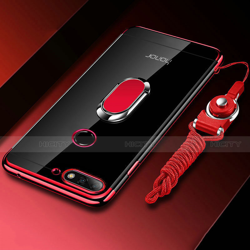 Funda Silicona Ultrafina Carcasa Transparente con Magnetico Anillo de dedo Soporte S01 para Huawei Y6 (2018) Rojo