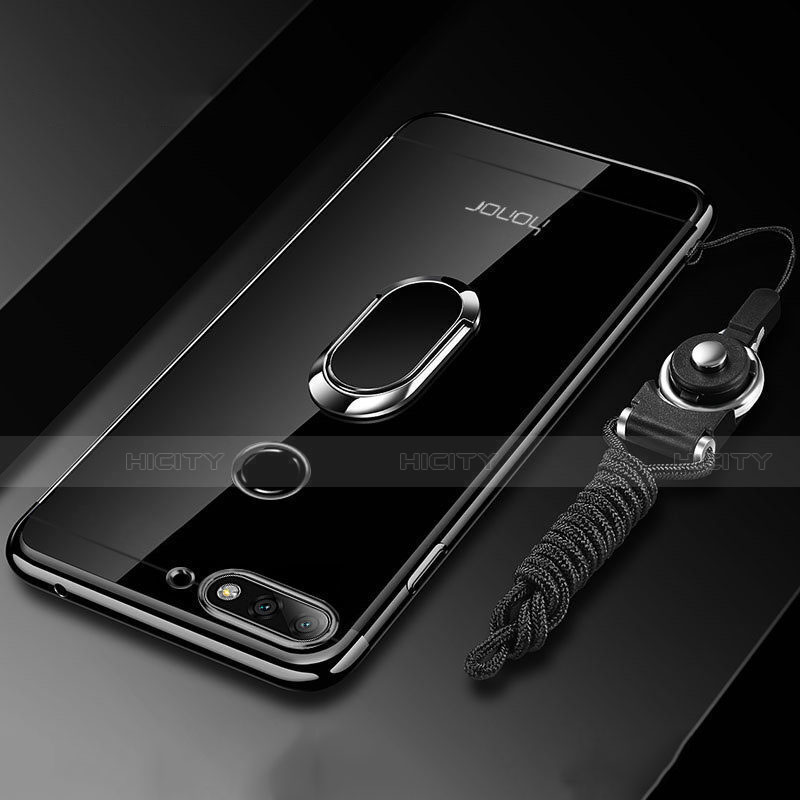 Funda Silicona Ultrafina Carcasa Transparente con Magnetico Anillo de dedo Soporte S01 para Huawei Y6 Prime (2018) Negro