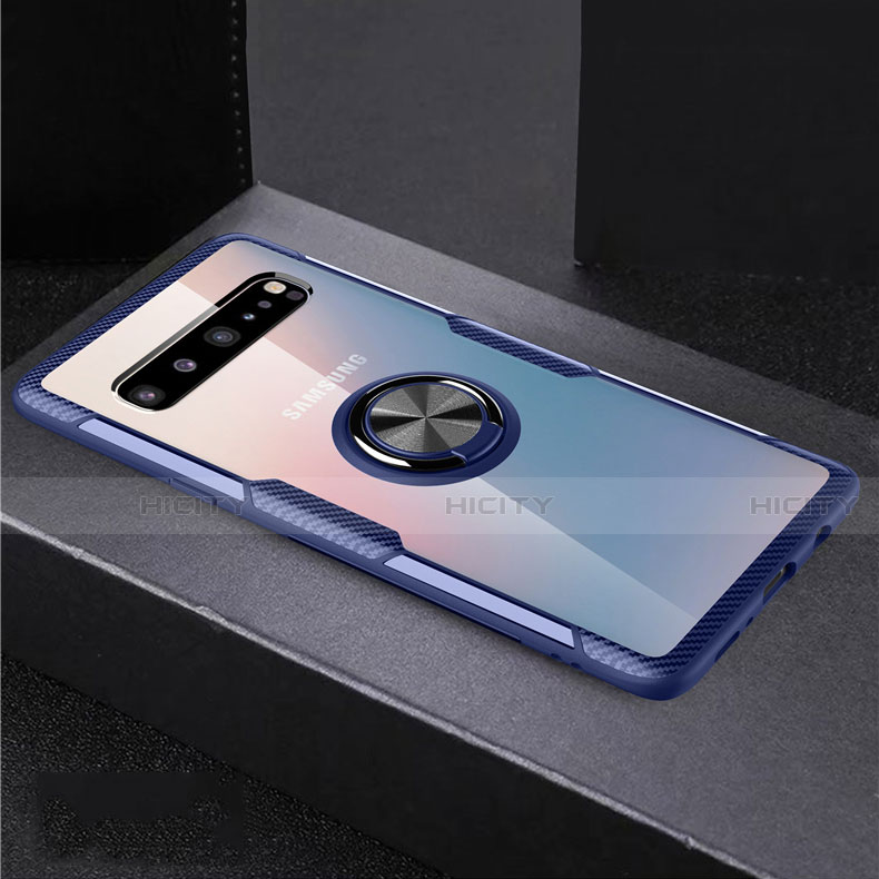 Funda Silicona Ultrafina Carcasa Transparente con Magnetico Anillo de dedo Soporte S01 para Samsung Galaxy S10 5G SM-G977B Azul y Negro