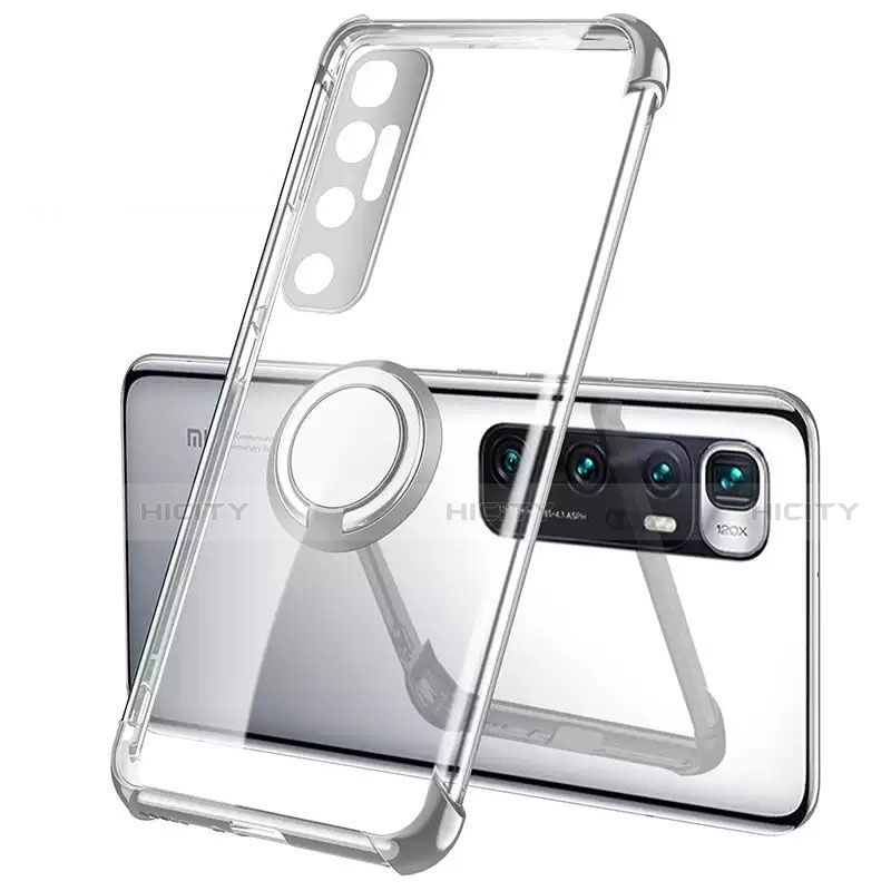 Funda Silicona Ultrafina Carcasa Transparente con Magnetico Anillo de dedo Soporte S01 para Xiaomi Mi 10 Ultra Plata