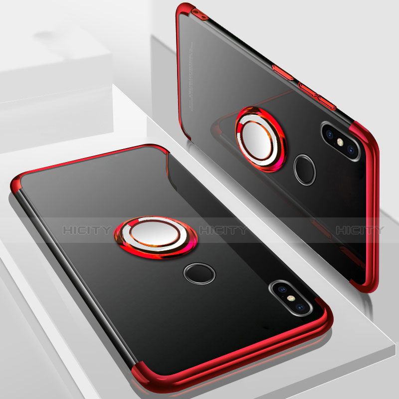 Funda Silicona Ultrafina Carcasa Transparente con Magnetico Anillo de dedo Soporte S01 para Xiaomi Redmi 6 Pro Rojo