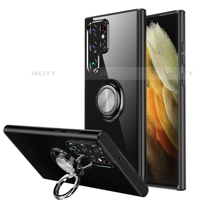 Funda Silicona Ultrafina Carcasa Transparente con Magnetico Anillo de dedo Soporte S04 para Samsung Galaxy S22 Ultra 5G