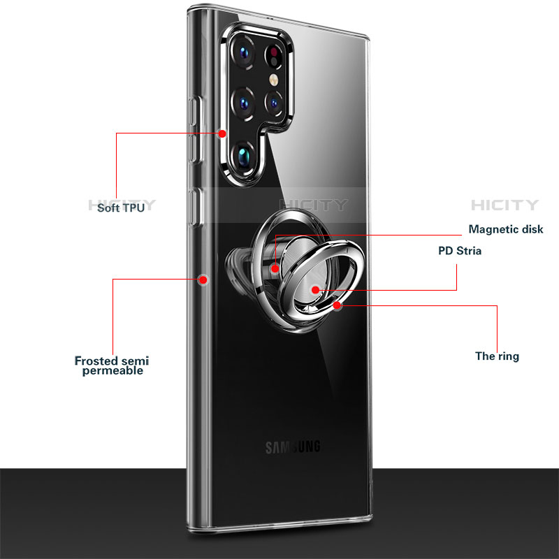 Funda Silicona Ultrafina Carcasa Transparente con Magnetico Anillo de dedo Soporte S04 para Samsung Galaxy S22 Ultra 5G