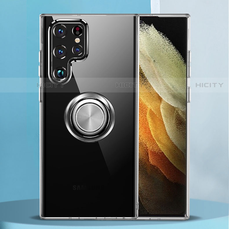 Funda Silicona Ultrafina Carcasa Transparente con Magnetico Anillo de dedo Soporte S05 para Samsung Galaxy S22 Ultra 5G