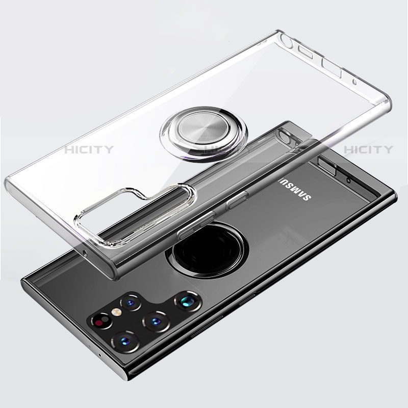 Funda Silicona Ultrafina Carcasa Transparente con Magnetico Anillo de dedo Soporte S05 para Samsung Galaxy S22 Ultra 5G Claro