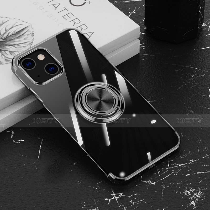 Funda Silicona Ultrafina Carcasa Transparente con Magnetico Anillo de dedo Soporte Z02 para Apple iPhone 13 Mini Negro