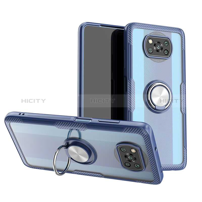 Funda Silicona Ultrafina Carcasa Transparente con Magnetico Anillo de dedo Soporte ZL1 para Xiaomi Poco X3 Pro Plata y Azul