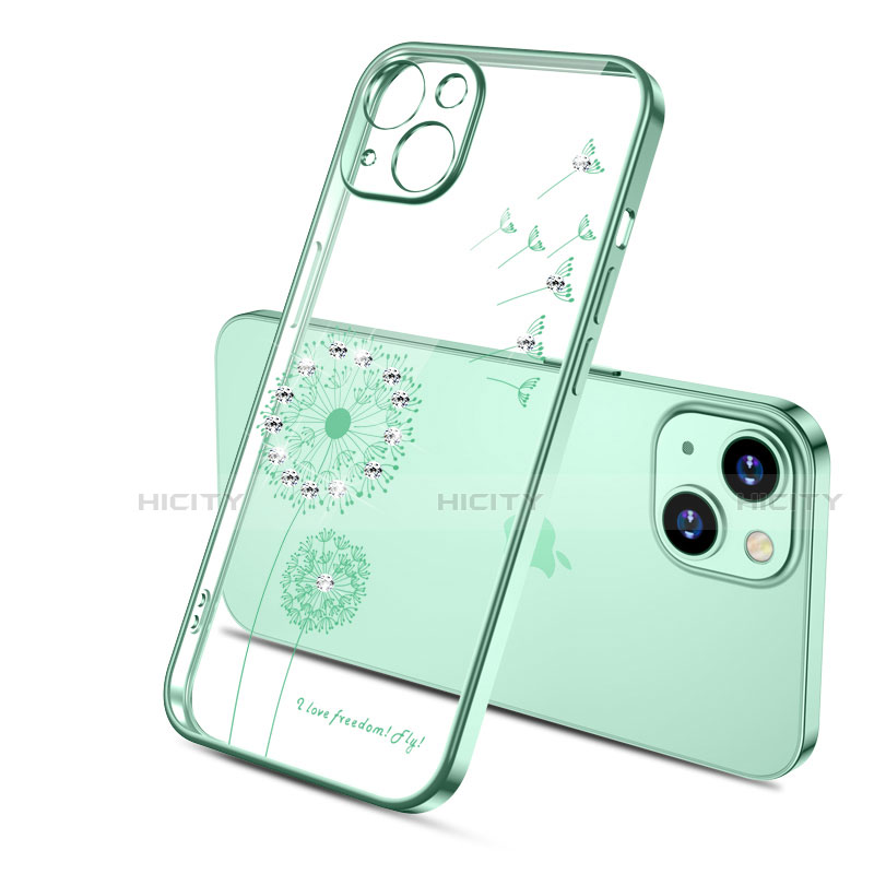 Funda Silicona Ultrafina Carcasa Transparente Flores para Apple iPhone 15 Plus Verde