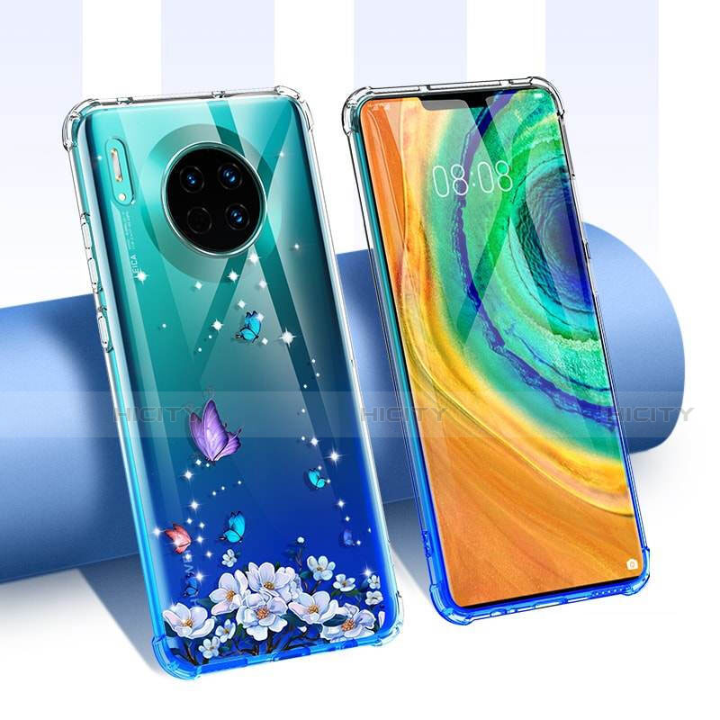 Funda Silicona Ultrafina Carcasa Transparente Flores para Huawei Mate 30 Azul