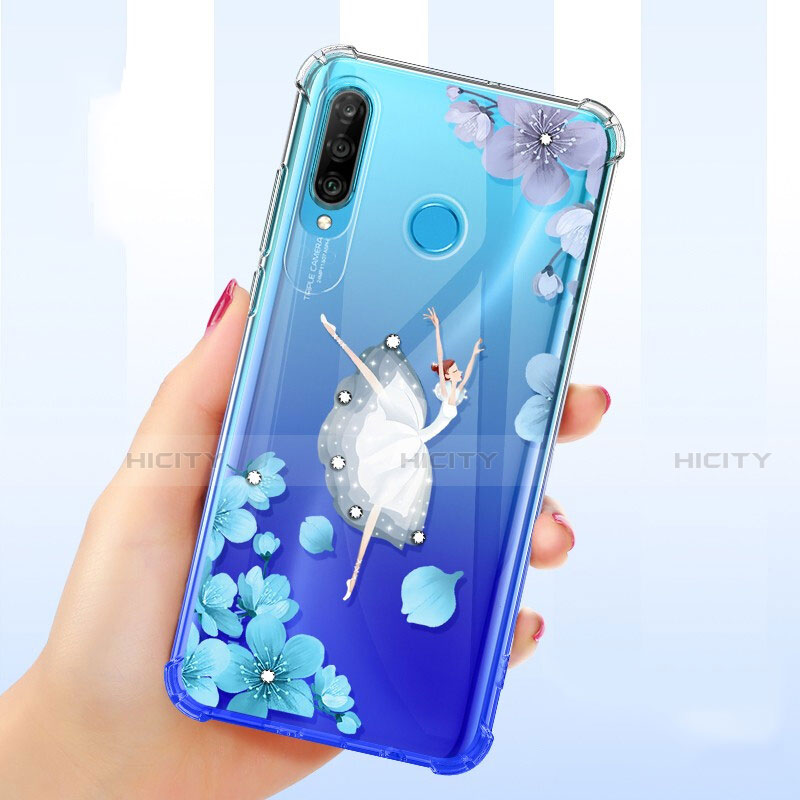 Funda Silicona Ultrafina Carcasa Transparente Flores para Huawei P30 Lite New Edition Azul