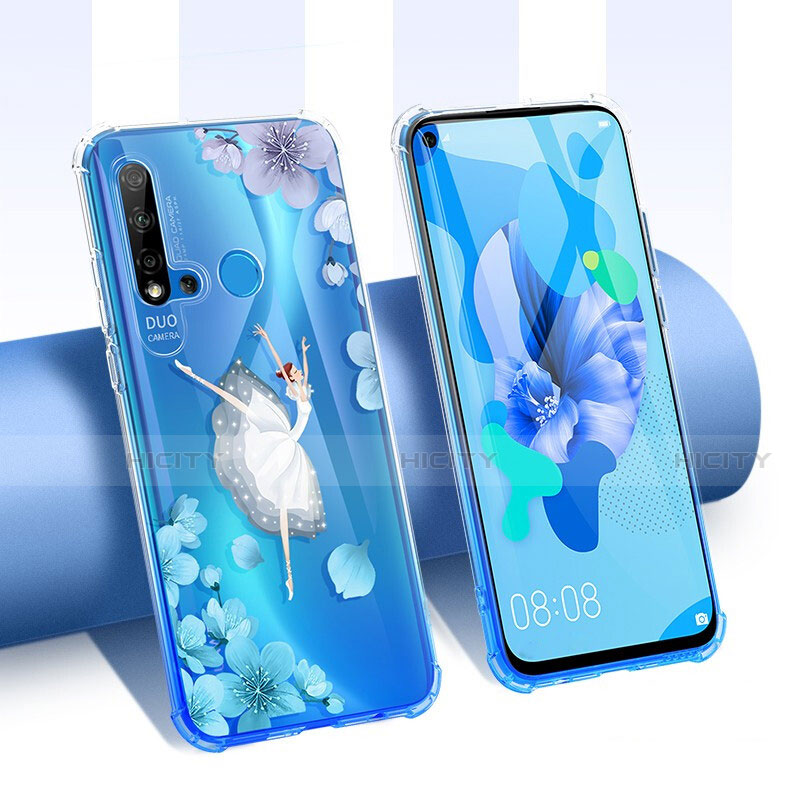 Funda Silicona Ultrafina Carcasa Transparente Flores T01 para Huawei P20 Lite (2019) Azul