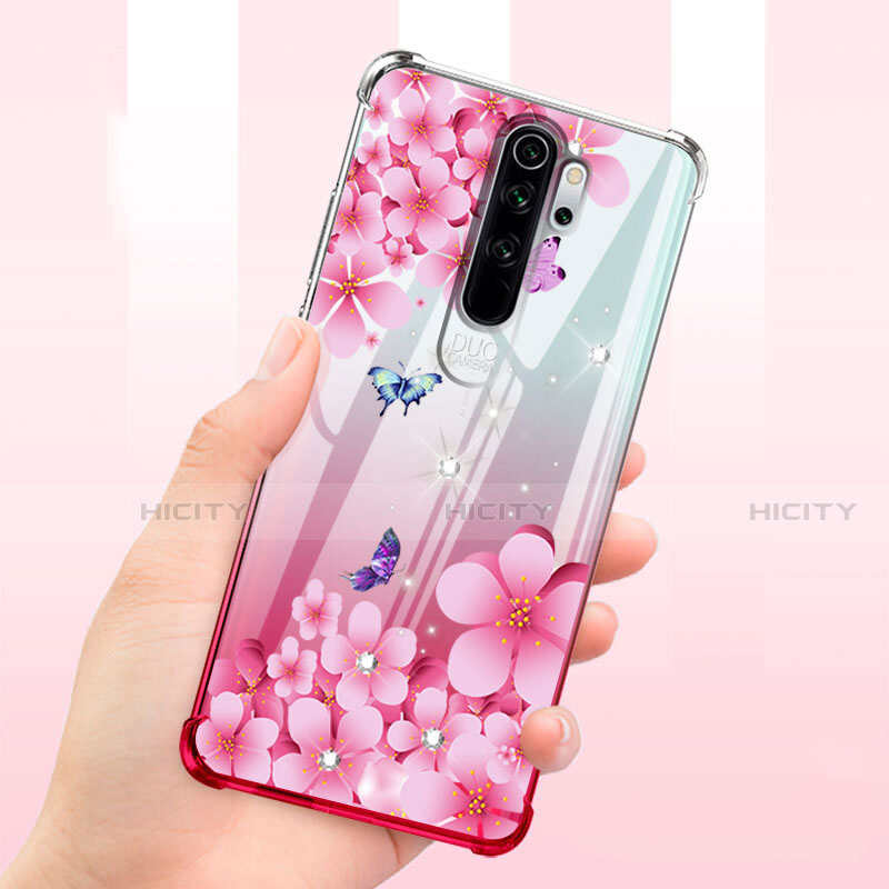 Funda Silicona Ultrafina Carcasa Transparente Flores T01 para Xiaomi Redmi Note 8 Pro Rosa Roja