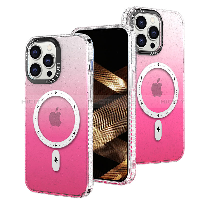 Funda Silicona Ultrafina Carcasa Transparente Gradiente con Mag-Safe Magnetic para Apple iPhone 15 Pro Rosa Roja