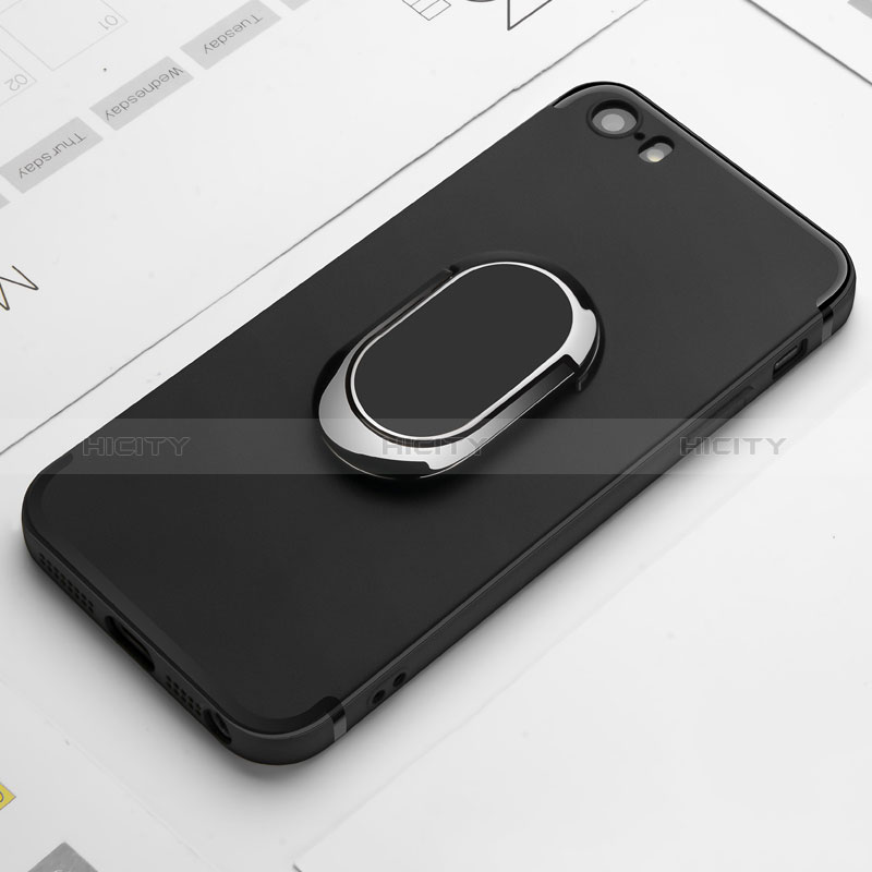 Funda Silicona Ultrafina Goma con Anillo de dedo Soporte A01 para Apple iPhone 5 Negro