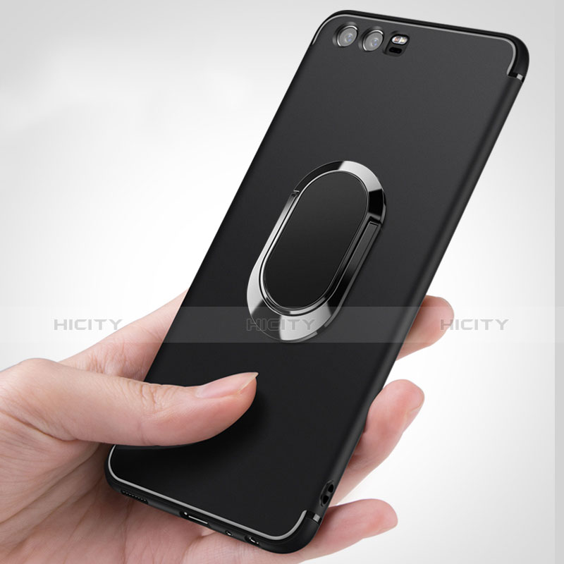 Funda Silicona Ultrafina Goma con Anillo de dedo Soporte A02 para Huawei P10 Negro