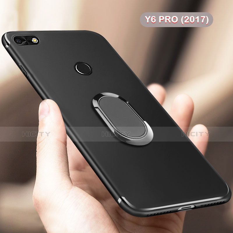 Funda Silicona Ultrafina Goma con Anillo de dedo Soporte para Huawei P9 Lite Mini Negro