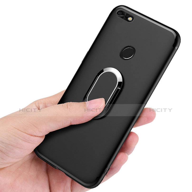 Funda Silicona Ultrafina Goma con Anillo de dedo Soporte para Huawei Y6 Pro (2017) Negro