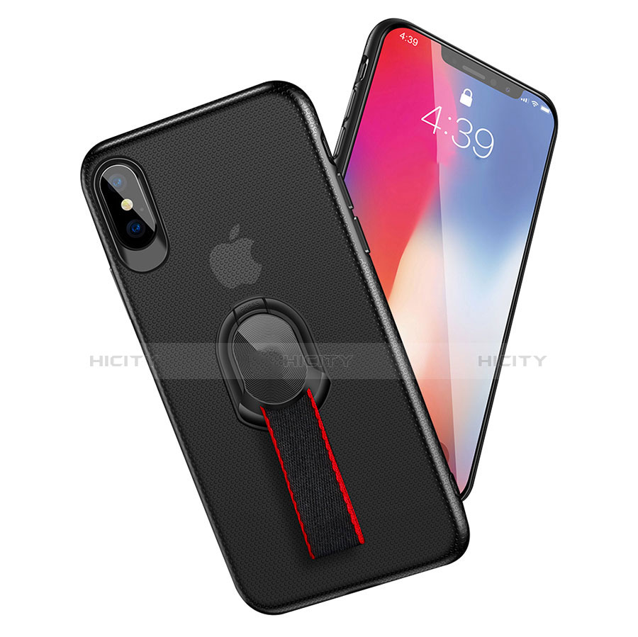 Funda Silicona Ultrafina Goma con Anillo de dedo Soporte T01 para Apple iPhone Xs Max Negro