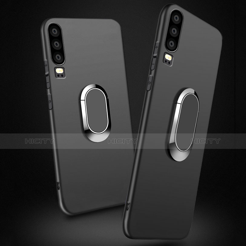 Funda Silicona Ultrafina Goma con Magnetico Anillo de dedo Soporte para Huawei P30 Negro