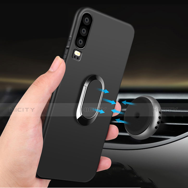 Funda Silicona Ultrafina Goma con Magnetico Anillo de dedo Soporte para Huawei P30 Negro