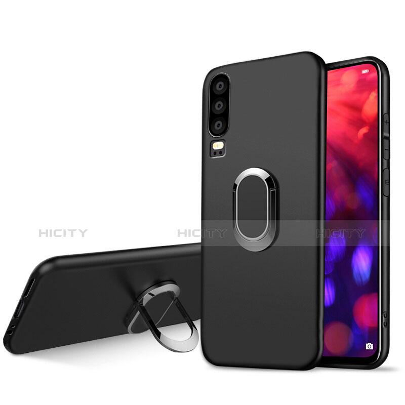 Funda Silicona Ultrafina Goma con Magnetico Anillo de dedo Soporte para Huawei P30 Negro