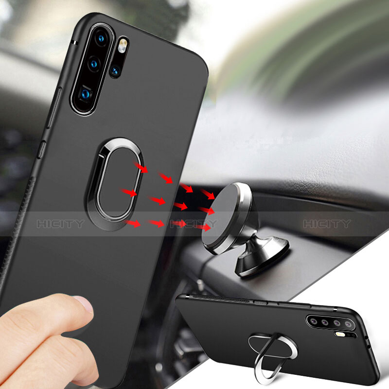 Funda Silicona Ultrafina Goma con Magnetico Anillo de dedo Soporte para Huawei P30 Pro Negro