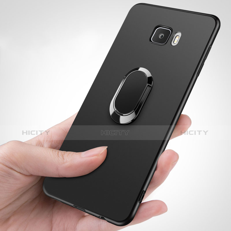 Funda Silicona Ultrafina Goma con Magnetico Anillo de dedo Soporte para Samsung Galaxy C9 Pro C9000 Negro