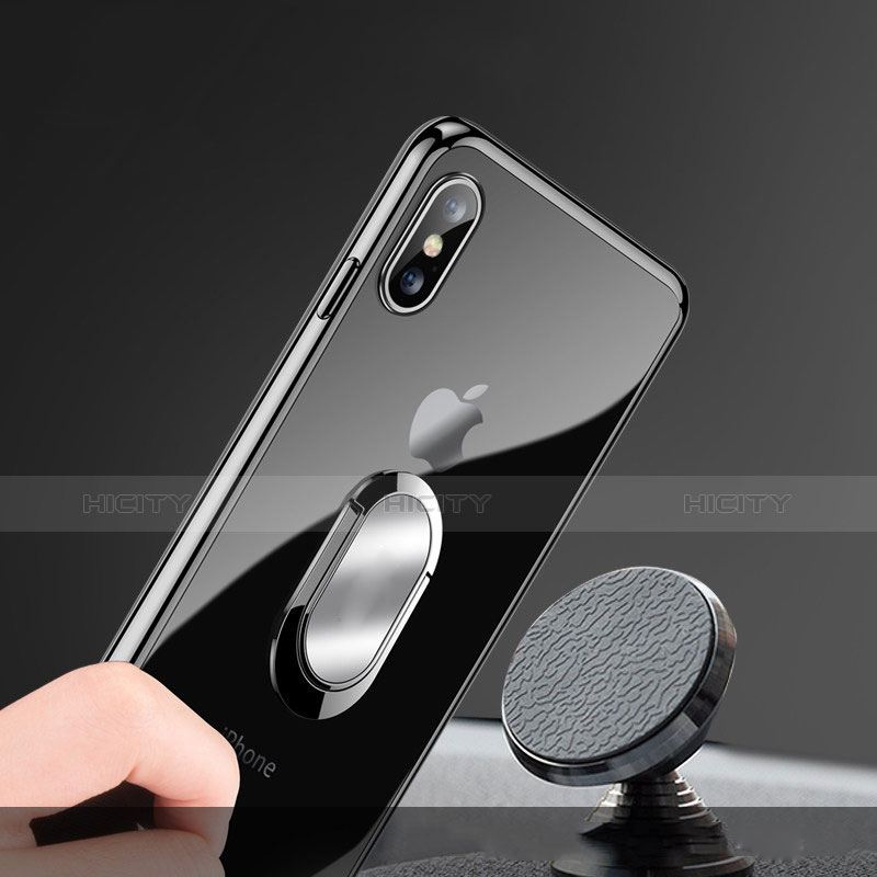 Funda Silicona Ultrafina Transparente con Anillo de dedo Soporte T01 para Apple iPhone Xs Max Negro