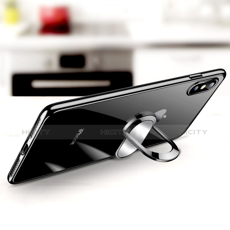 Funda Silicona Ultrafina Transparente con Anillo de dedo Soporte T01 para Apple iPhone Xs Negro