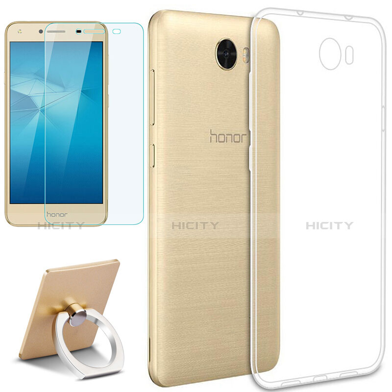 Funda Silicona Ultrafina Transparente con Anillo de dedo Soporte y Protector de Pantalla para Huawei Y5 II Y5 2 Claro