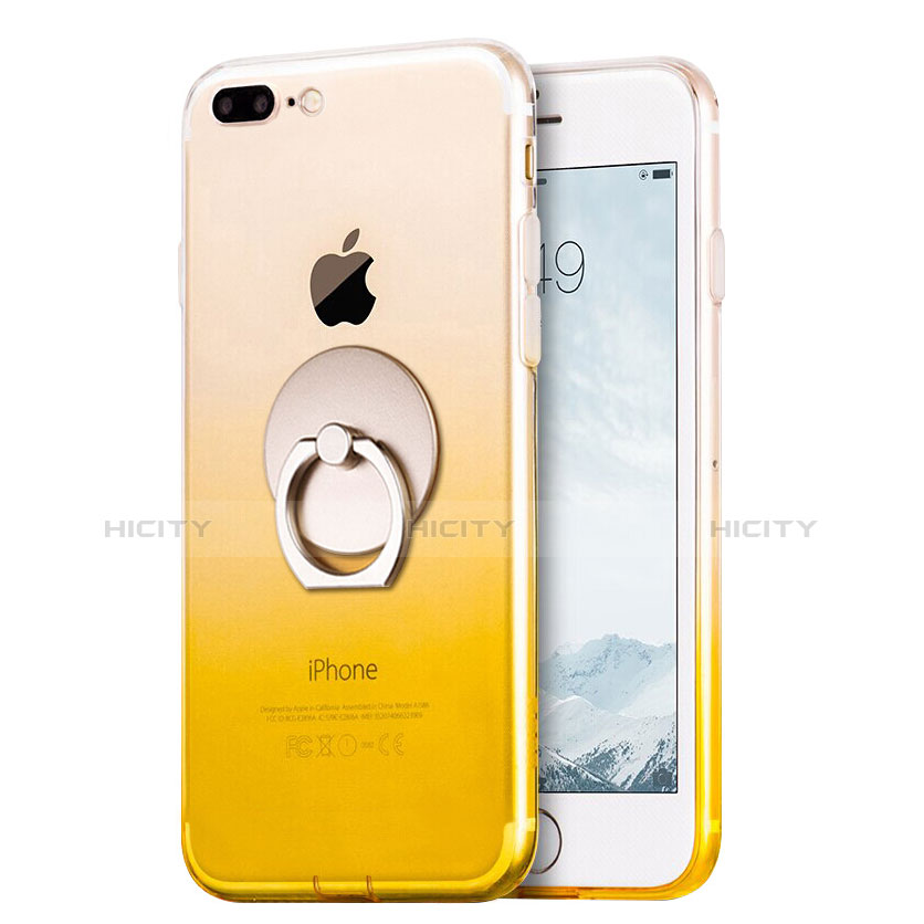 Funda Silicona Ultrafina Transparente Gradiente con Anillo de dedo Soporte para Apple iPhone 8 Plus Amarillo
